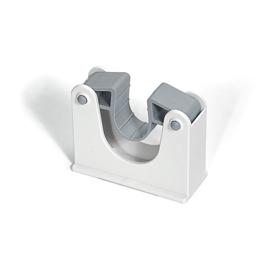 Držák svorek HACCP Nölle Profi Brush pro zařízení od Nölle Profi Brush Bürsten- & Pinseltechnik e.K. je bílo-šedý plastový držák s klapkovými svorkami pro uchycení trubek, ideální pro hygienicky citlivé oblasti, zobrazený na bílém pozadí.