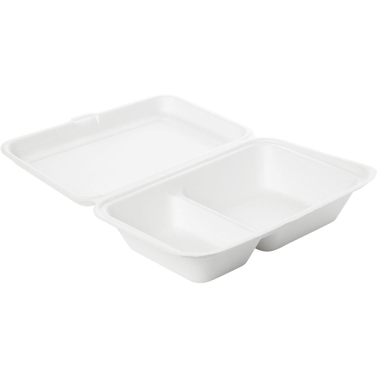 Abgebildet ist eine weiße Menübox 470/300 ml, Bagasse 2 der Duni GmbH (241x163x65 mm, Bagassematerial, 2 Fächer) auf unifarbenem Hintergrund; Packung enthält 50 Stück.