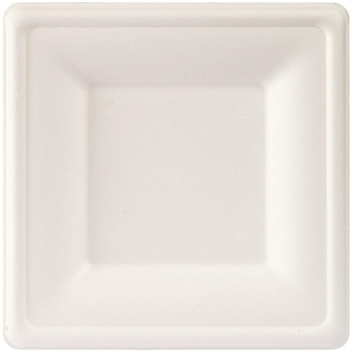 Ein weißer, quadratischer Bagasseteller (16x16 cm) von Duni GmbH, biologisch abbaubar, mit leicht erhöhtem Rand - Produkt: Teller, quadratisch 16x16 cm Weiss Bagasse | Packung (50 Stück), von oben auf weißem Hintergrund fotografiert.