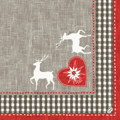 Látkový design se dvěma bílými jeleny, červeným srdcem s květinou a hnědo-bílou ginghamovou bordurou - vzor v lněném vzhledu, perfektní pro Dunisoft ubrousky 40 x 40 cm 1/4 skládání od Duni GmbH.