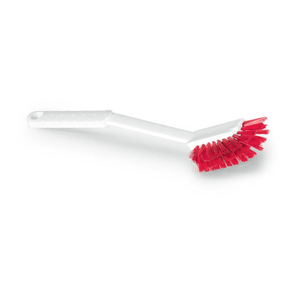 Nölle Profi Brush HACCP mycí kartáč Diskette štětina 0,25 mm od Nölle Profi Brush Bürsten- & Pinseltechnik e.K. má bílou, dlouhou, šikmou rukojeť s úchopovými body a červené, půlkruhové 0,25 mm štětiny pro přesné čisticí úkoly.