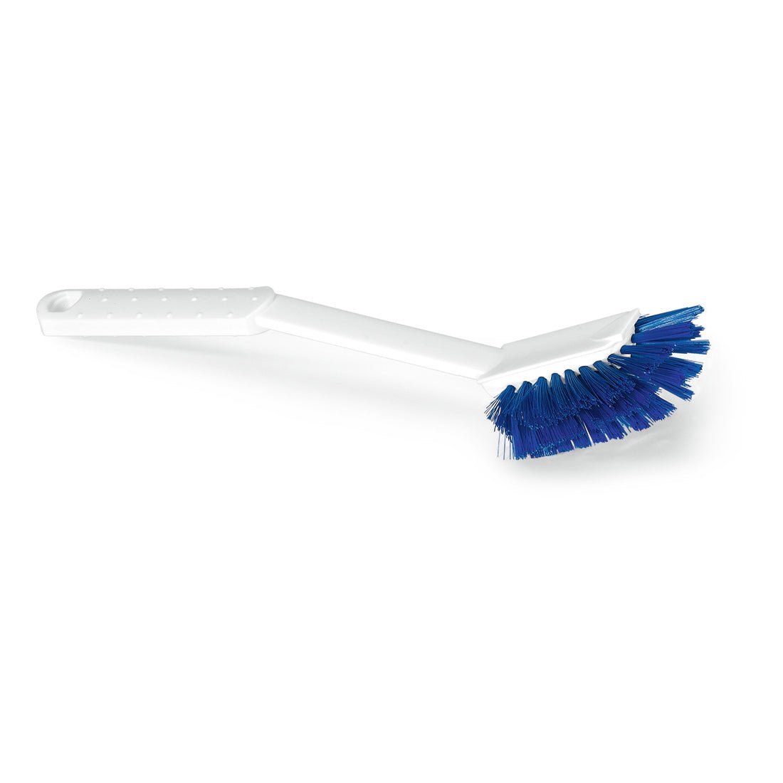 Nölle Profi Brush HACCP mycí kartáč Diskette štětina 0,25 mm od Nölle Profi Brush Bürsten- & Pinseltechnik e.K. je bílý plastový čisticí kartáč s modrými štětinami a dlouhou rukojetí, který je nakloněný na jednobarevném bílém pozadí.