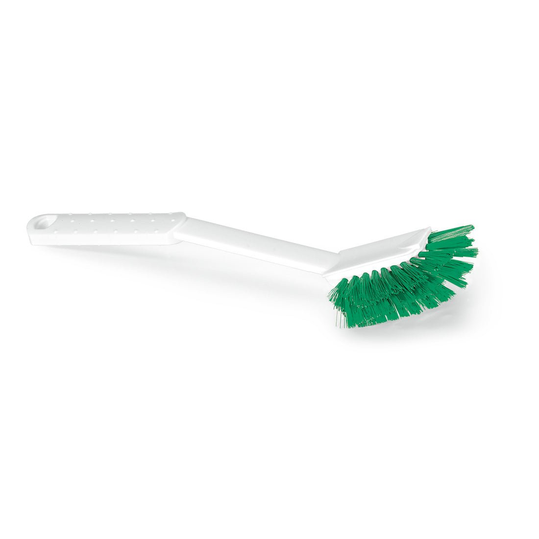 Zobrazen je Nölle Profi Brush HACCP mycí kartáč Diskette štětina 0,25 mm od Nölle Profi Brush Bürsten- & Pinseltechnik e.K. s bílou, zakřivenou rukojetí a tuhými zelenými štětinami na jednobarevném bílém pozadí.