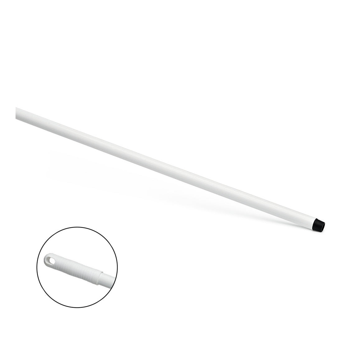 Nölle Profi Brush HACCP sklolaminátová tyč 150 cm od Nölle Profi Brush Bürsten- & Pinseltechnik e.K. je zobrazen šikmo na bílém podkladu a disponuje závitem, strukturovanou rukojetí a otvorem pro zavěšení, který je zvýrazněn kruhem.