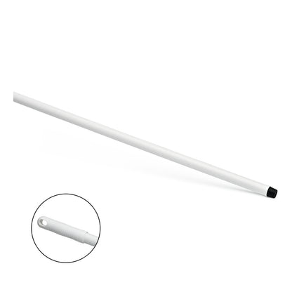 Nölle Profi Brush HACCP sklolaminátová tyč 150 cm od Nölle Profi Brush Bürsten- & Pinseltechnik e.K. je zobrazen šikmo na bílém podkladu a disponuje závitem, strukturovanou rukojetí a otvorem pro zavěšení, který je zvýrazněn kruhem.