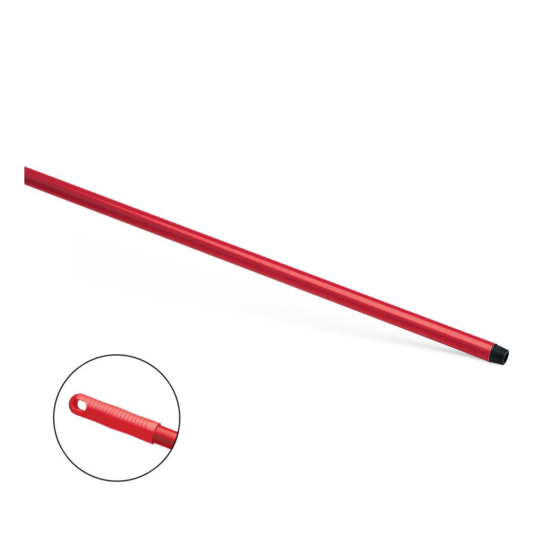 Nölle Profi Brush HACCP sklolaminátová tyč 150 cm od Nölle Profi Brush Bürsten- & Pinseltechnik e.K. je červená kovová tyč s černým závitovým koncem a otvorem pro zavěšení na konci. Pozadí je bílé s vloženým záběrem ukazujícím otvor pro zavěšení zblízka.