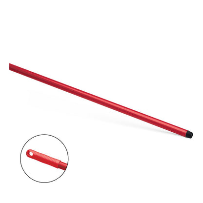 Nölle Profi Brush HACCP sklolaminátová tyč 150 cm od Nölle Profi Brush Bürsten- & Pinseltechnik e.K. je červená kovová tyč s černým závitovým koncem a otvorem pro zavěšení na konci. Pozadí je bílé s vloženým záběrem ukazujícím otvor pro zavěšení zblízka.
