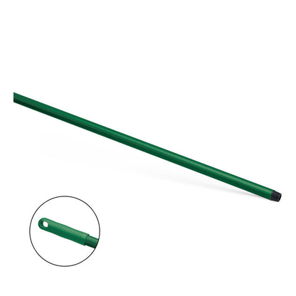 Nölle Profi Brush HACCP sklolaminátová tyč 150 cm od Nölle Profi Brush Bürsten- & Pinseltechnik e.K. je zelená sklolaminátová tyč se závitem a otvorem pro zavěšení, ideální pro potravinářský průmysl. Zobrazeno na jednobarevném bílém pozadí.