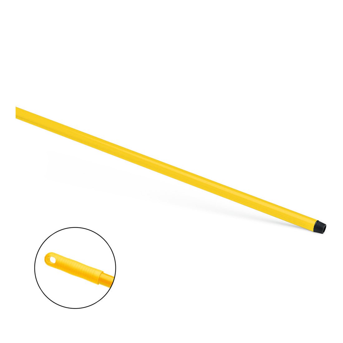 Žlutá Nölle Profi Brush HACCP sklolaminátová tyč 150 cm od Nölle Profi Brush Bürsten- & Pinseltechnik e.K. má černý závitový konec, strukturovanou rukojeť a otvor pro zavěšení. Vyříznutý detail; bílý pozadí.