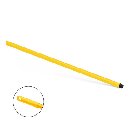 Žlutá Nölle Profi Brush HACCP sklolaminátová tyč 150 cm od Nölle Profi Brush Bürsten- & Pinseltechnik e.K. má černý závitový konec, strukturovanou rukojeť a otvor pro zavěšení. Vyříznutý detail; bílý pozadí.