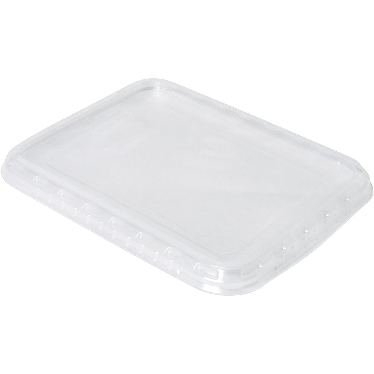 Obrázek zobrazuje čiré, obdélníkové víko pro PP-menu misku Caterline Transparent APET 240x190x20 od společnosti Duni GmbH, s mírně zvýšeným okrajem a plochým středem, zobrazené na bílém pozadí. Balení: 126 kusů.