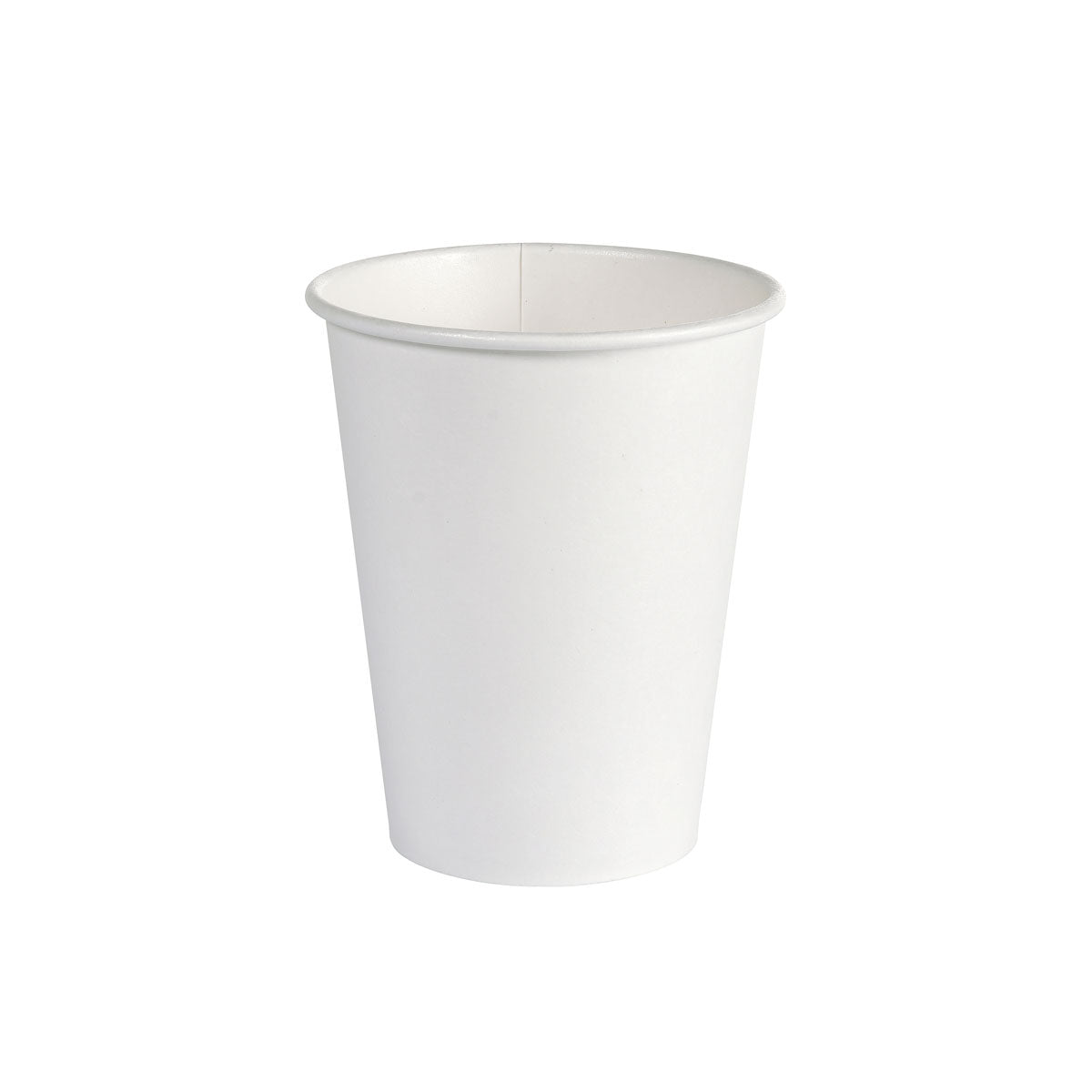 Bílý kávový hrnek z PAP/PLA (350 ml) od Duni GmbH stojí vzpřímeně před bílým pozadím - ekologický jednorázový hrnek, balení po 50 kusech.