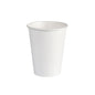 Bílý kávový hrnek z PAP/PLA (350 ml) od Duni GmbH stojí vzpřímeně před bílým pozadím - ekologický jednorázový hrnek, balení po 50 kusech.