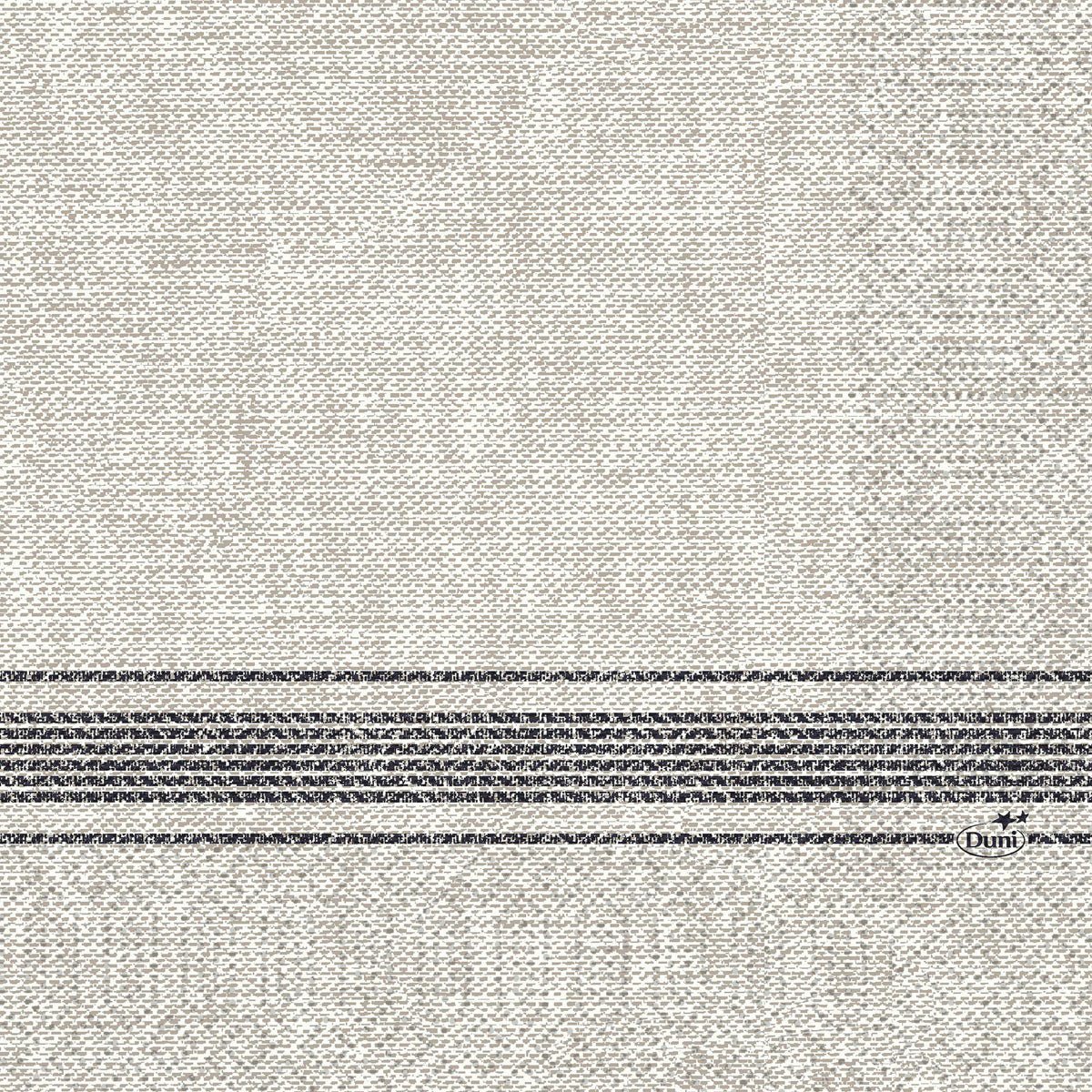 Papírové ubrousky 33 x 33 cm 3vrstvé 1/4 skládání Cocina černé od Duni GmbH mají strukturovanou béžovou látku s horizontálními tmavě šedými pruhy ve spodní části a potiskem "Duni" v pruhované oblasti. Balení obsahuje 250 kusů.