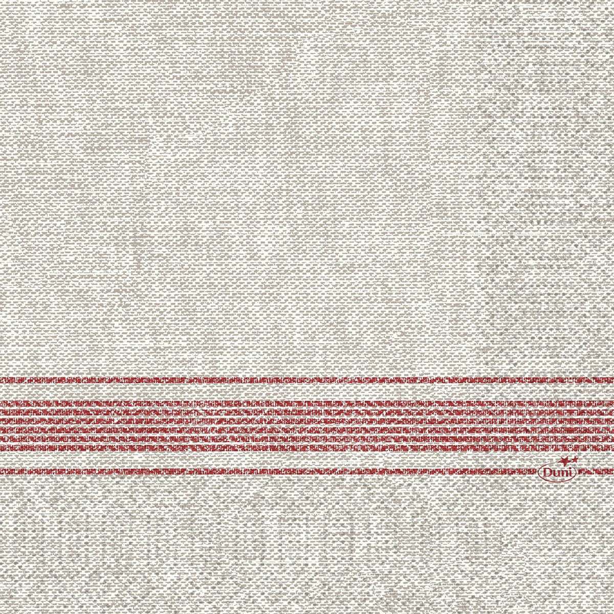 Tyto 33 x 33 cm velké, 3vrstvé papírové ubrousky od společnosti Duni GmbH v Cocina bordeaux mají béžovou strukturu s červenými příčnými pruhy a nápisem "Duni" v červeném písmu na okraji; balení obsahuje 250 kusů.