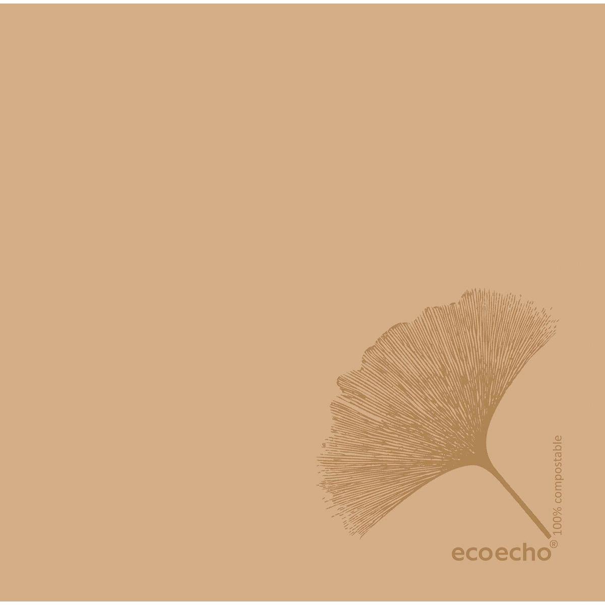 Minimalistický obrázek s jedním řádkem listu ginkgo vpravo dole, označený "ecoecho", na světle hnědém pozadí - ideální pro Dunisoft ubrousky 40 x 40 cm 1/4 skládání od Duni GmbH nebo jiné vysoce kvalitní ubrousky.