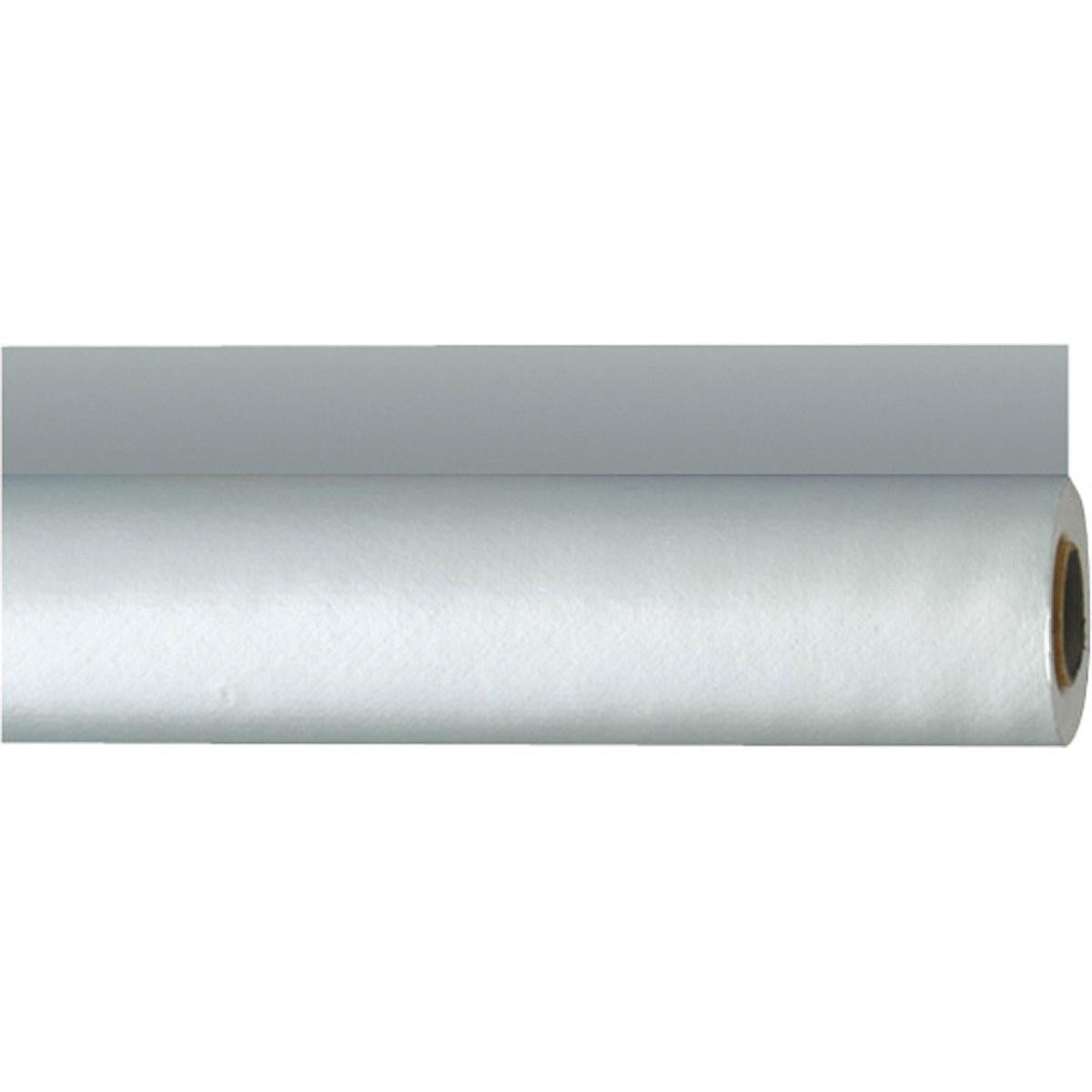 Rola ubrusů Dunisilk (1,18 m x 25 m) od společnosti Duni GmbH s viditelným kartonovým jádrem leží vodorovně na hladkém povrchu - ideální pro gastronomii nebo zvláštní příležitosti.