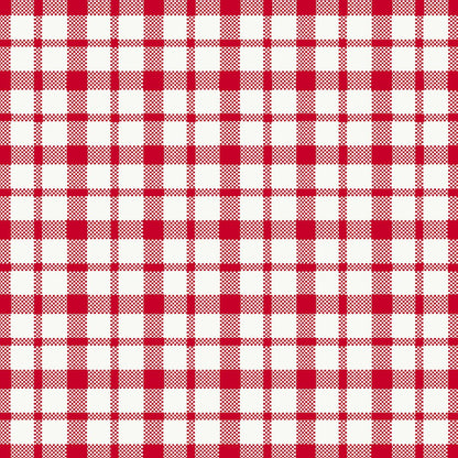 Červeno-bílá kostka s rovnoměrně probíhajícími liniemi tvoří čtverce a obdélníky na těchto vysoce kvalitních Dunisoft ubrouscích 40 x 40 cm 1/4 skládání od Duni GmbH.