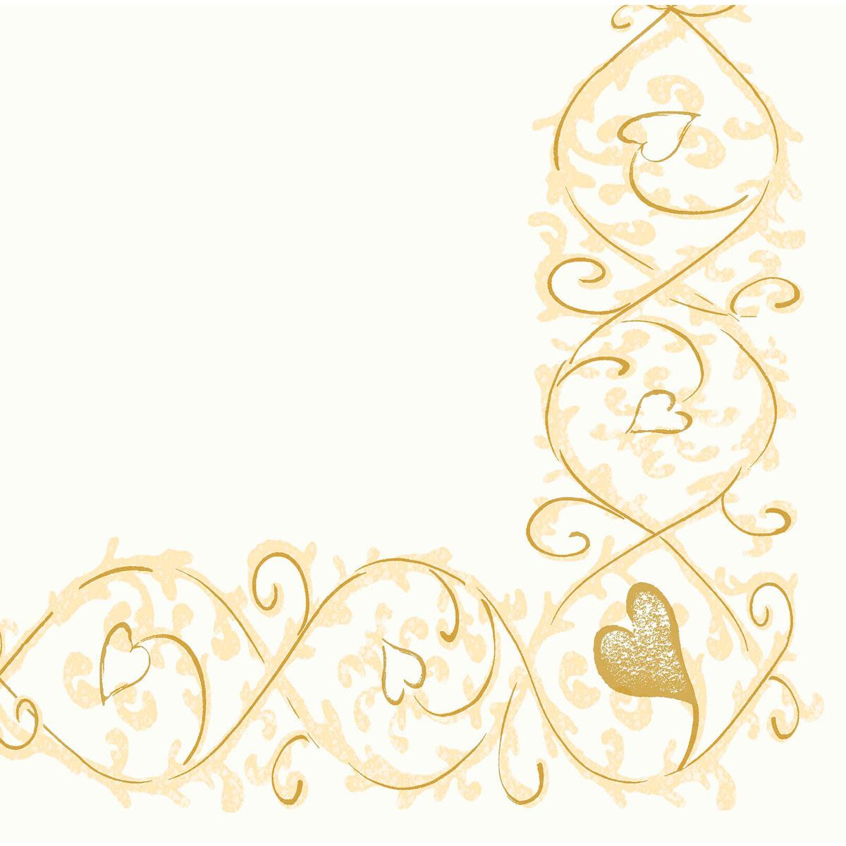 Tato elegantní rohová bordura se zlatými úponky a srdcovými tvary na bílém pozadí orámuje dolní a pravý okraj - perfektní pro Dunisoft ubrousky 40 x 40 cm 1/4 skládání od Duni GmbH.