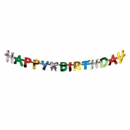 Řetěz s pozdravem "Happy Birthday" (1,4 m) od PAPSTAR GmbH je slavnostní, barevná dekorace pro narozeninovou oslavu, zde na jednoduchém bílém pozadí.