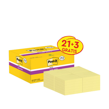 Žlutá krabička 3M Post-it® Super Sticky Notes, žlutá (47,6 x 47,6 mm), PEFC certifikovaná, s etiketou "21+3 zdarma" od 3M Deutschland GmbH; před ní je několik stohů žlutých poznámkových bloků.