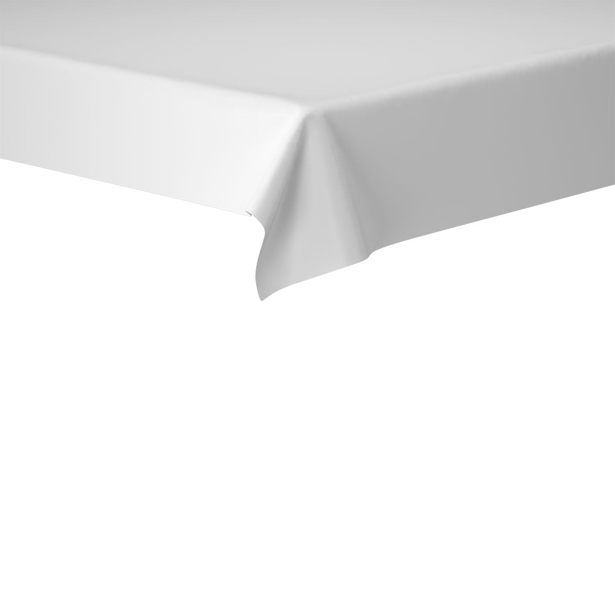 Detailní záběr na ubrus Dunisilk od společnosti Duni GmbH o rozměrech 118 x 120 cm ukazuje hladkou bílou látku, která čistě splývá přes okraj - ideální pro kvalitní stolní dekoraci. Pozadí je jednobarevné bílé.