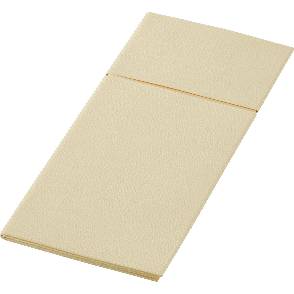 Duniletto 480 x 400 mm od společnosti Duni GmbH je složený, obdélníkový, béžový podložka nebo polštářek s přehybem, který jej rozděluje na dvě části - ideální jako stylový stolní doplněk nebo kapsa na příbory, zde na bílém pozadí.