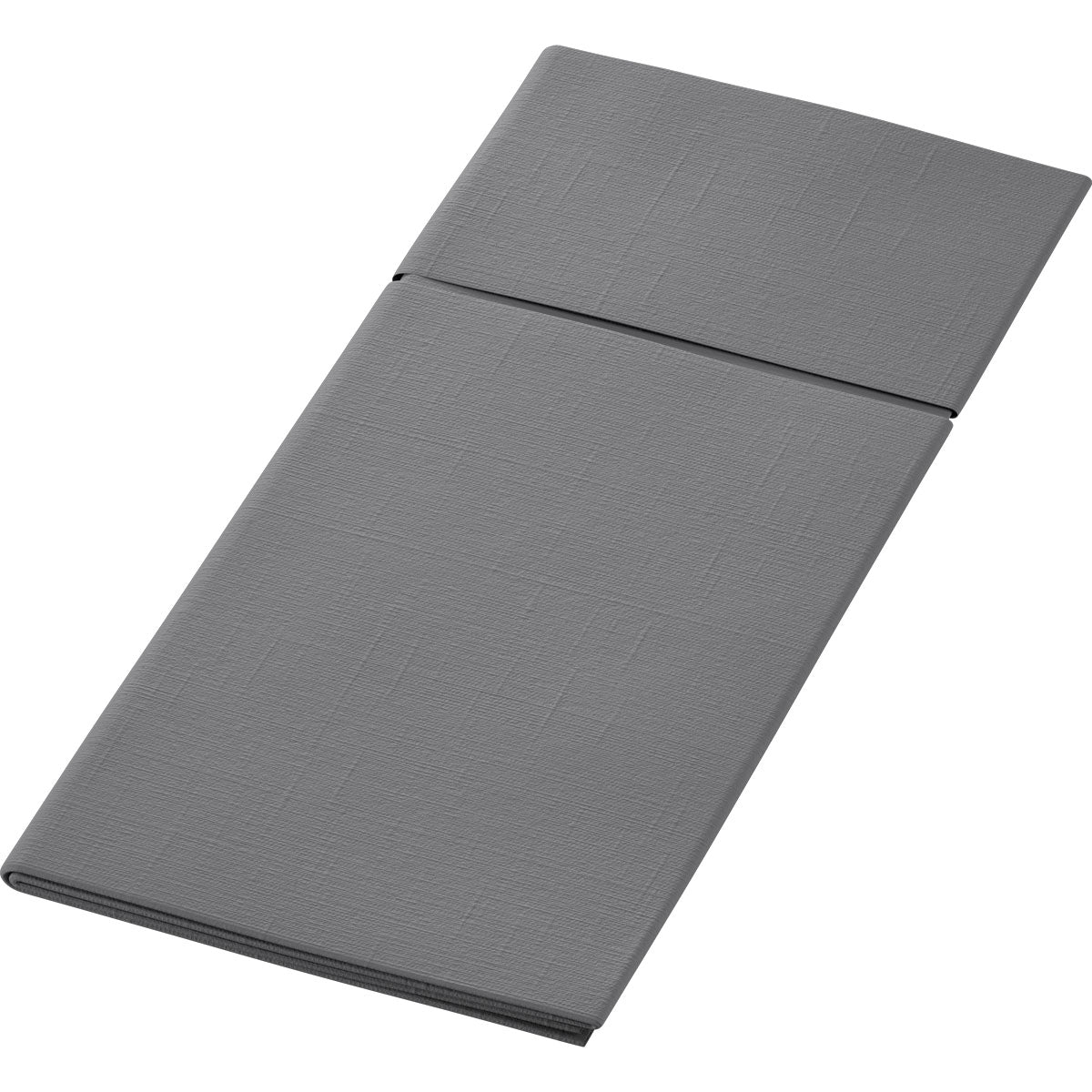 Na bílém pozadí je zobrazen složený, obdélníkový, šedý Duniletto 480 x 400 mm od Duni GmbH, který má jemný strukturovaný vzor a spojuje formu a eleganci vysoce kvalitního stolního doplňku.
