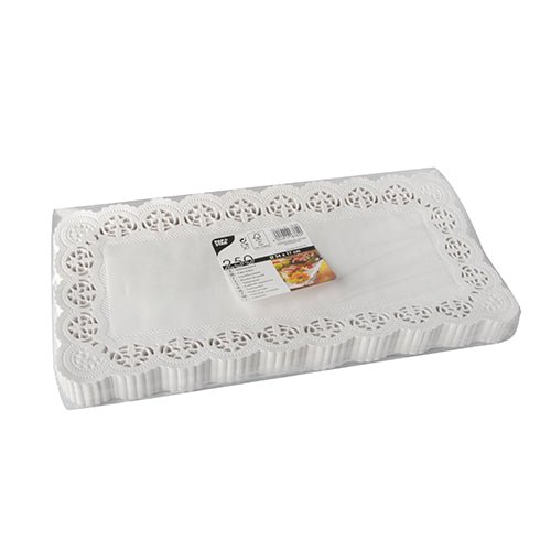 Stoh papírů s krajkovým vzorem o rozměrech 34x17 cm, bílé (250 kusů) pro dekoraci, s krajkovým okrajem a zabalené v průhledném plastovém sáčku s logem PAPSTAR GmbH na etiketě.