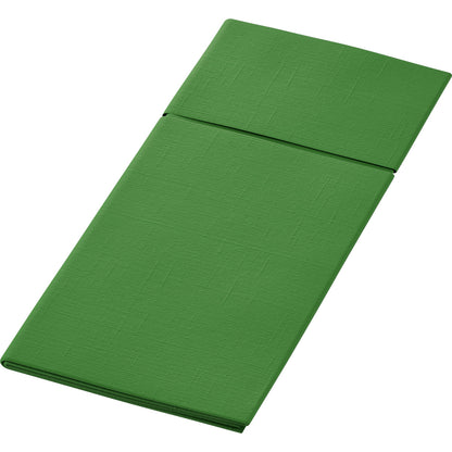 Duniletto 480 x 400 mm od Duni GmbH je zelený skládací ubrousek se středovým přehybem, zobrazený naplocho na bílém pozadí - ideální jako stolní doplněk nebo kapsa na příbory pro elegantně prostřený stůl.