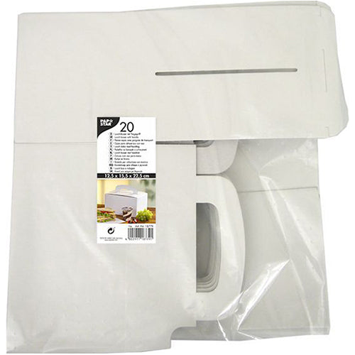 Průhledné balení od PAPSTAR GmbH obsahuje 20 plochých bílých obědových krabiček „pure“ z papíru (12,5 x 15,5 x 22,5 cm) s držadlem. Štítek zobrazuje informace o produktu, složený obrázek krabice a zdůrazňuje ekologický papír.