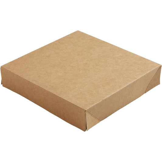 Ein geschlossener Viking Block Deckel Braun Karton/PE 140x140x29 mm der Duni GmbH steht auf weißem Grund, hat einen schlichten braunen Deckel mit sauber gefalteten Kanten und keine sichtbaren Etiketten. Die Packung enthält 300 Stück.