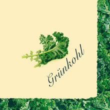 Ein einzelner Grünkohlstängel und überlappende Grünkohlblätter umrahmen die Ränder dieser Dunisoft-Servietten 40x40cm der Duni GmbH, die auf einem cremefarbenen Hintergrund mit der Aufschrift "Grünkohl" stehen.