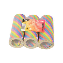 Tři role PAPSTAR 3 obří serpentýny (15 m, samozhášecí) od PAPSTAR GmbH, v pestrých šikmých pruzích a plastovém obalu s oranžovou etiketou – ideální pro party dekorace.