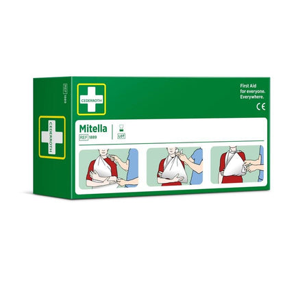 Zeleno-bílá krabička od Orkla Wound Care AB s nápisem "Trojúhelníkový obvaz, 2 kusy/karton" s obrázky pro použití jako závěsné pásky na ruku při sportovních zraněních; s piktogramy, pokyny a bílým křížovým symbolem.