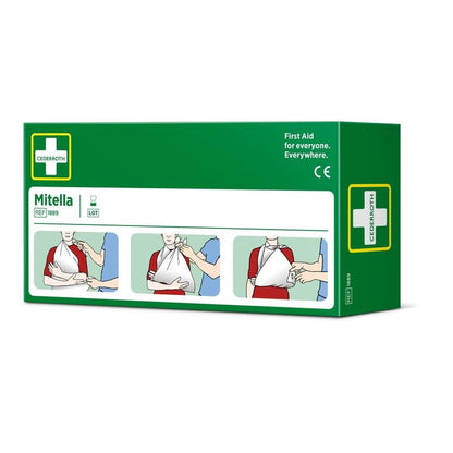 Zelená krabička s nápisem "Trojúhelníkový obvaz, 2 kusy/karton | Balení (2 kusy)" od Orkla Wound Care AB ukazuje tři kroky pro použití trojúhelníkového obvazu jako závěsné pásky na ruku na osobě v červené košili, s bílým křížem a detaily první pomoci.