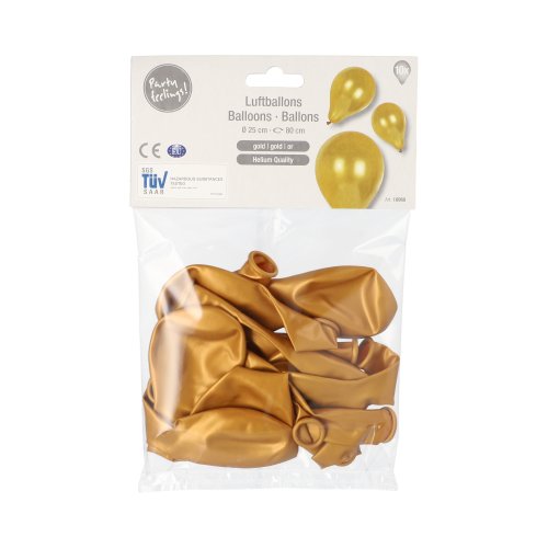 Eine transparente Kunststoffverpackung mit 10 PAPSTAR Luftballons Ø 25 cm der PAPSTAR GmbH, die mehrere leere goldene Latexballons enthält. Das Etikett zeigt Bilder der aufgeblasenen goldenen Ballons und Produktdetails in verschiedenen Sprachen – ideal für jede Dekoration.