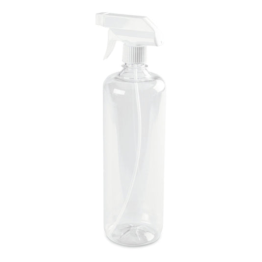 Láhev s rozprašovačem Nölle Profi Brush, barevně průhledná, 960 ml z plastu od Nölle Profi Brush Bürsten- & Pinseltechnik e.K., s bílou rozprašovací hlavicí, stojí vzpřímeně před bílým pozadím.