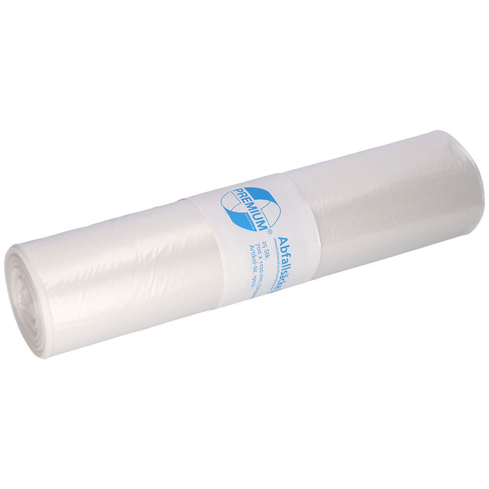 Ein DEISS 19002 transparenter Müllsack, 700x1100 mm Typ 60, von EMIL DEISS KG (GmbH + Co.), mit einem blau-weißen Etikett um die Rolle (25 Stück), abgebildet auf einem schlichten weißen Hintergrund.