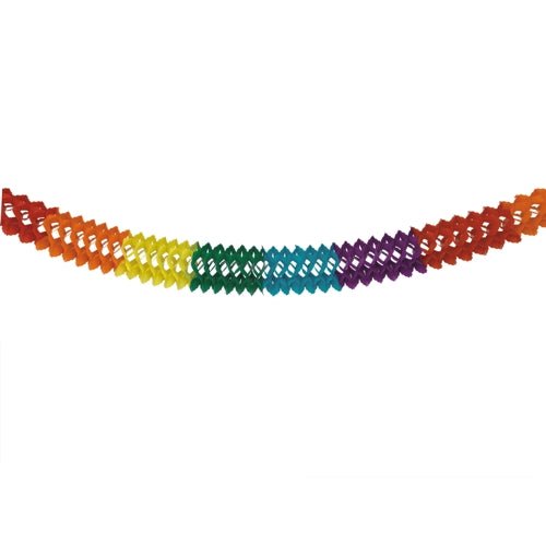 Girlanda "Rainbow" (papír, Ø 16 cm, 6 m dlouhá) od společnosti PAPSTAR GmbH zobrazuje živý vzor kosočtverců v duhových barvách - perfektní jako nápadná dekorace před jednoduchým bílým pozadím.