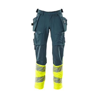 Kalhoty s kapsami na zavěšení, kalhoty ULTIMATE STRETCH, tmavě petrolejová/hi-vis žlutá