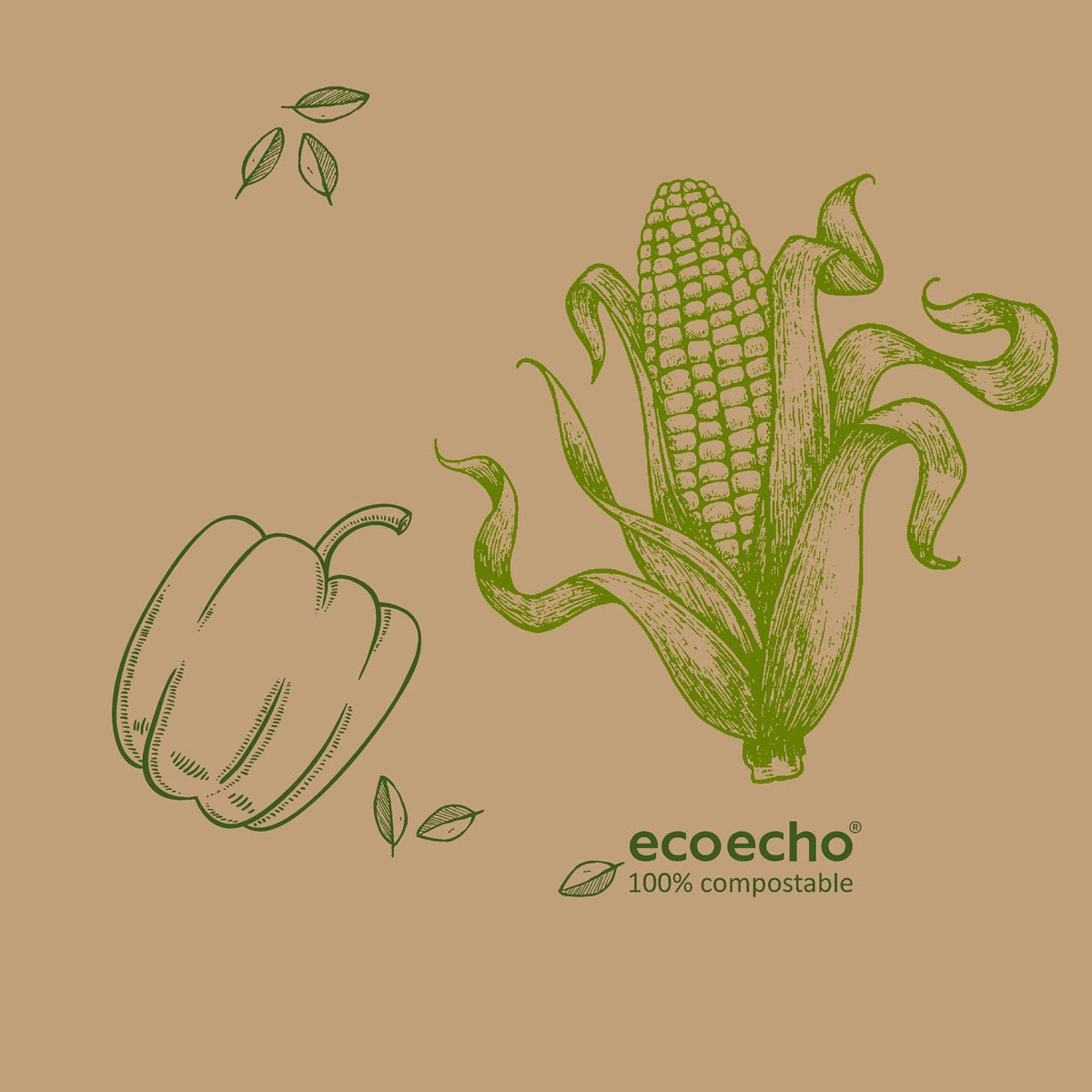 Zelené čárové kresby papriky, klasy s plevou a listy tvoří design Veggies na ubrouscích Duni GmbH z celulózy 33 x 33 cm, 3-vrstvé. Na světle hnědých ubrouscích je napsáno "ecoecho 100% kompostovatelné". Balení (50 kusů).