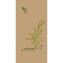 Zelltuchservietten 40 x 40 cm, 3-lagig, 1/8 Kopffalz Veggies von Duni GmbH: Beige mit grünen Olivenzweigen, Text "eco echo 100% kompostierbar." Packung mit 250 Stück.
