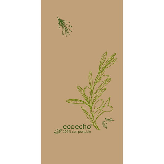 Zelltuchservietten 40 x 40 cm, 3-lagig, 1/8 Kopffalz Veggies von Duni GmbH: Beige mit grünen Olivenzweigen, Text "eco echo 100% kompostierbar." Packung mit 250 Stück.
