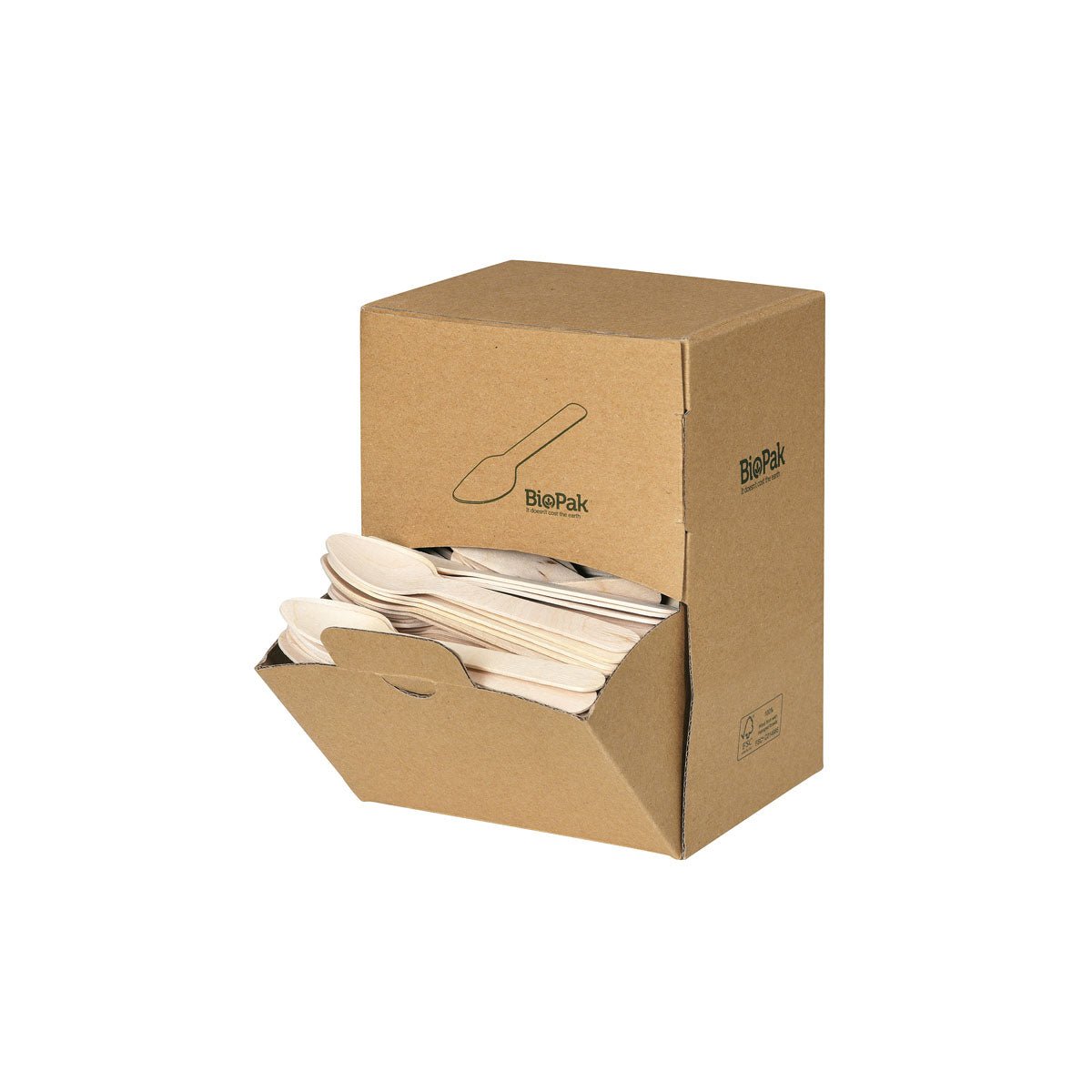 Kartonová krabice s nápisem "Duni GmbH" obsahuje 400 přírodně voskovaných dřevěných kávových lžiček (110 mm). Přední strana je částečně otevřená a ukazuje naskládané biologicky odbouratelné dřevěné kávové lžičky uvnitř.