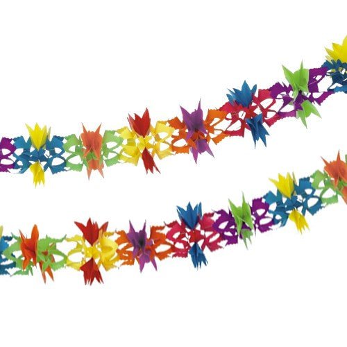 Girlanda PAPSTAR „Fantasy“ je papírová girlanda o délce 6 m (Ø 17 cm) s barevnými vyřezávanými tvary v červené, žluté, zelené, modré, fialové a oranžové barvě, která rozzáří vaši párty. Dokonalá, živá dekorace od společnosti PAPSTAR GmbH. Zobrazeno jako dva překrývající se prameny.