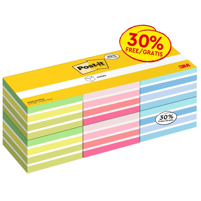 Balení poznámkových bloků Post-it® Notes kostka, 76x76 mm, 450 listů/blok, barevně tříděné (6 bloků), od 3M Deutschland GmbH - ideální pro poznámky v kanceláři. PEFC certifikováno (SGSCH-PEFC-COC-110078).