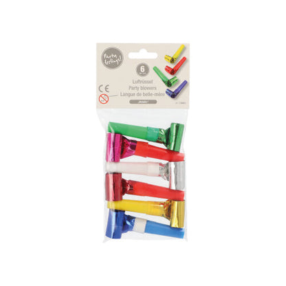 Průhledný plastový obal obsahuje šest partytrubek od PAPSTAR GmbH v různých barvách s kovovými povrchy; horní etiketa ukazuje značku a upozorňuje, že nejsou vhodné pro děti do tří let.