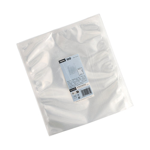 Balení 100 průhledných sáčků Starpak (40 x 30 cm, PA/PE) je dodáváno v obalu s bílomodrým štítkem, který obsahuje informace o produktu, čárový kód a obrázek vakuového sáčku na potraviny.
