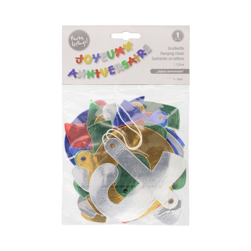 Řetěz "Joyeux Anniversaire" (1,9 m) od PAPSTAR GmbH je slavnostní, barevná girlanda pro narozeninovou dekoraci s kovovými písmeny. Dodává se v průhledném plastovém sáčku s popsaným víkem.